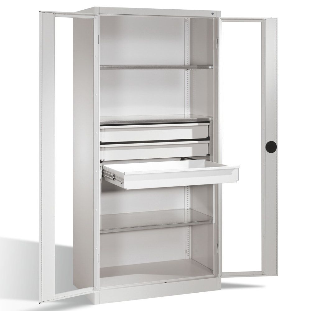 C+P Großraum Werkzeugschrank mit Sichtfenstertüren, 3 Fachböden, 3 Schubladen mittig, Farbe lichtgrau, 1.950 x 930 x 500 (HxBxT)