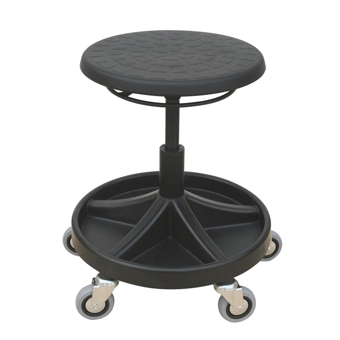 Arbeitshocker mit Ablage-System - Sitzhöhe 400 - 530 mm - PU schwarz - Kunststoff Fußkreuz mit Rollen - Hebelauslösung