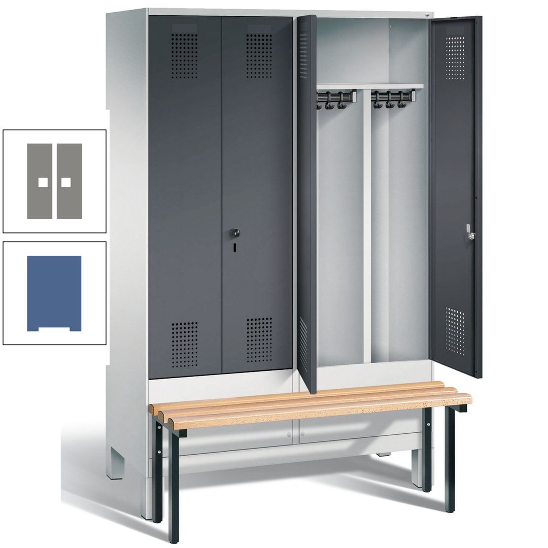 Doppel-Spind, Garderobenschrank, Buche Sitzbank vorgebaut, 4 Abteile a 300 mm, Korpus feuerrot, Tür Wasserblau, 1.850 x 1.200 x 815 mm (HxBxT)