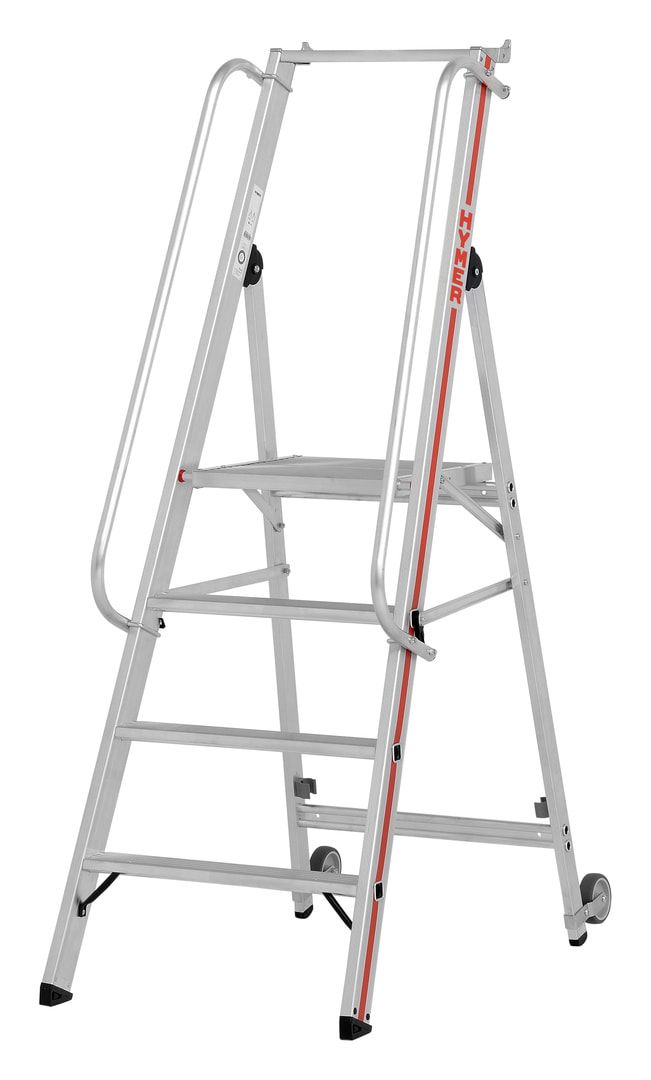 Plattformleiter mit langem Handlauf - Kipprollen - Leiterlänge 1.950 mm - mit Einhängehaken und Ablageschale - Aluleiter - Hymer