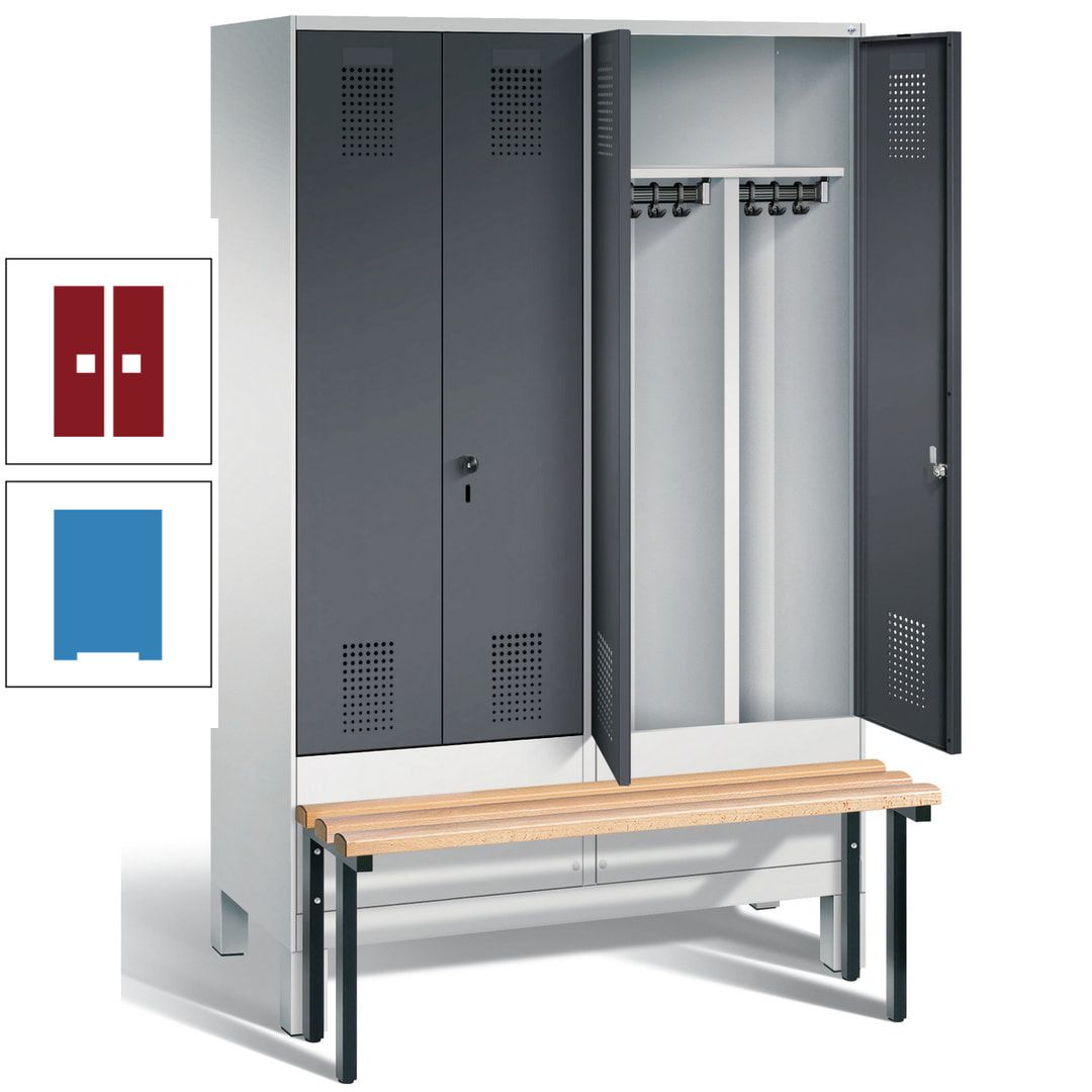 Doppel-Spind, Garderobenschrank, Buche Sitzbank vorgebaut, 4 Abteile a 300 mm, Korpus feuerrot, Tür Wasserblau, 1.850 x 1.200 x 815 mm (HxBxT)