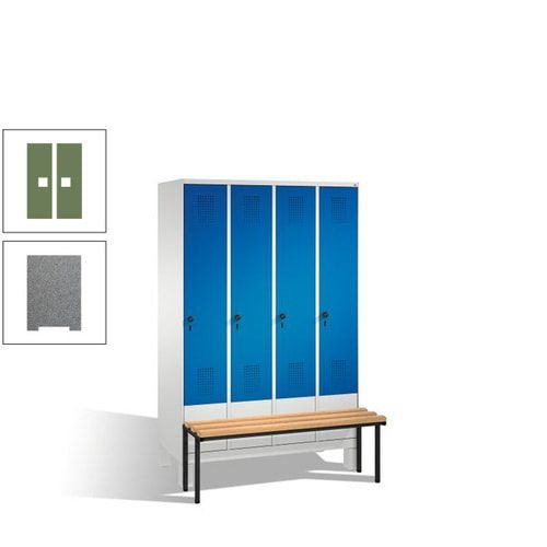 Stahl-Garderobenschrank, Spind, Buche Sitzbank vorgebaut, 4 Abteile a 300 mm, Korpus Lichtgrün, Tür Schwefelgelb, 1.850 x 1.200 x 815 mm (HxBxT)