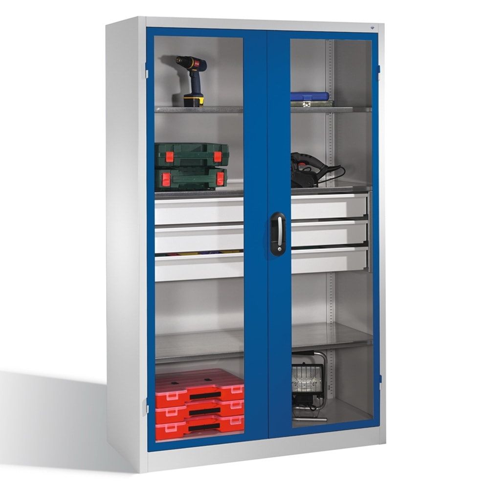 C+P Großraum Werkzeugschrank mit Sichtfenstertüren, 3 Fachböden, 3 Schubladen mittig, Farbe lichtgrau, 1.950 x 1.200 x 600 (HxBxT)