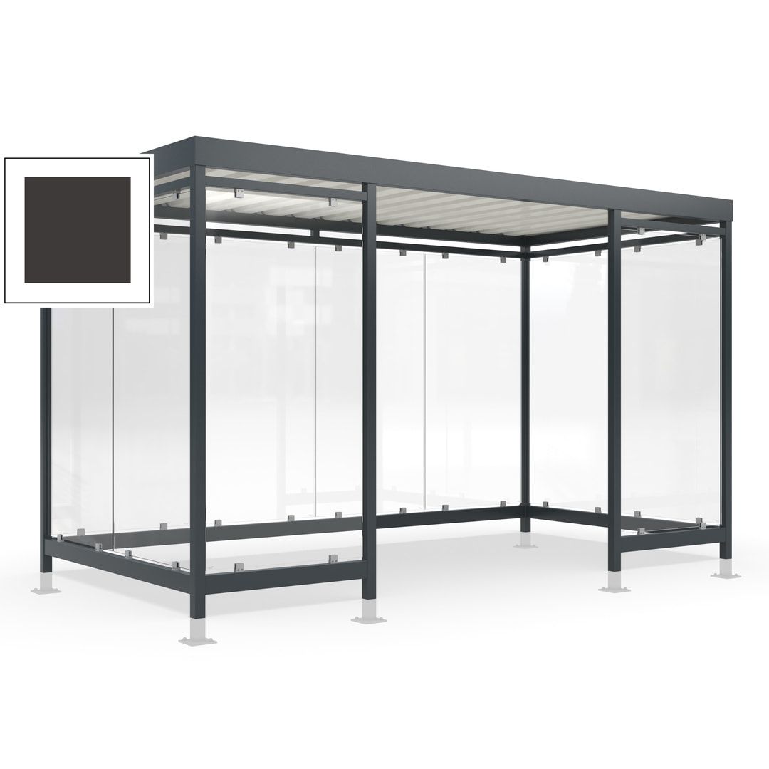 Raucherunterstand für 12-13 Personen, Bushaltestelle, mit Überpflasterung, 2.440 x 4.195 x 2.165 mm (HxBxT), 10 Wände, Achatgrau