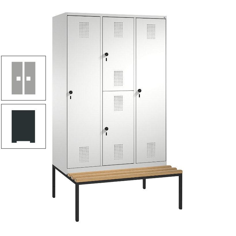 Garderobenschrank, Spind ein- und doppelstöckig Sitzbank, 3 Abteile, 4 Fächer, 2.090x1.200x500 mm (HxBxT), Front anthrazitgrau, Korpus anthrazitgrau