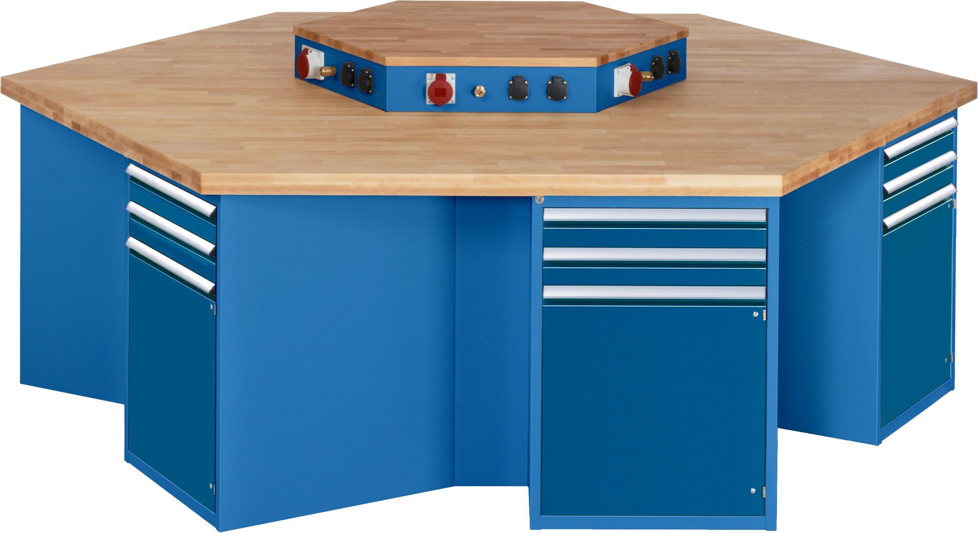 Gruppenwerkbank, Buche, Höhe 840 mm, mit Energieaufsatz, Unterbau-Container, 2 Schubladen, 1 Tür, 1 Boden - Anthrazitgrau