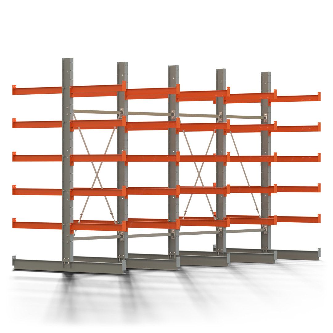 Doppelseitiges Kragarmregal, 2 Felder, 2.500 x 2.000 x 1.120 mm (HxBxT), Nutztiefe 500 mm, Kragarmlast 870 kg, KARL basic, silbergrau/reinorange