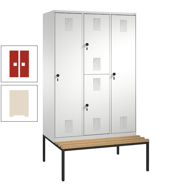 Garderobenschrank, Spind ein- und doppelstöckig Sitzbank, 3 Abteile, 4 Fächer, 2.090x1.200x500 mm (HxBxT), Front anthrazitgrau, Korpus anthrazitgrau