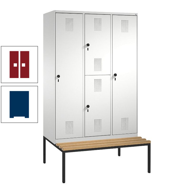 Garderobenschrank, Spind ein- und doppelstöckig Sitzbank, 3 Abteile, 4 Fächer, 2.090x1.200x500 mm (HxBxT), Front anthrazitgrau, Korpus anthrazitgrau