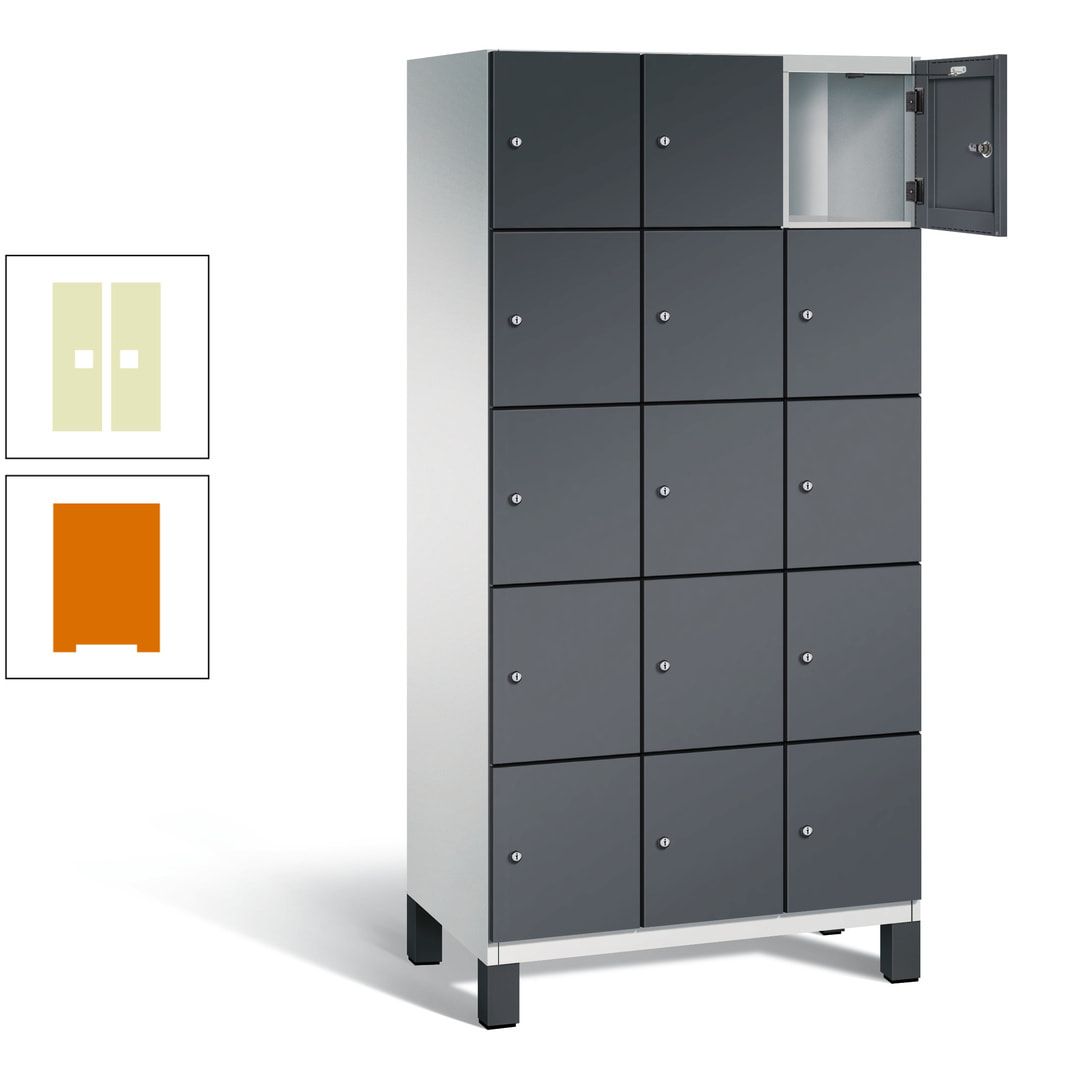 Fächerschrank, Stahlschrank, 15 Fächer, Türöffnungsbegrenzer, Füße, 1.980 x 900 x 525 mm (HxBxT), Korpus anthrazitgrau, Front anthrazitgrau