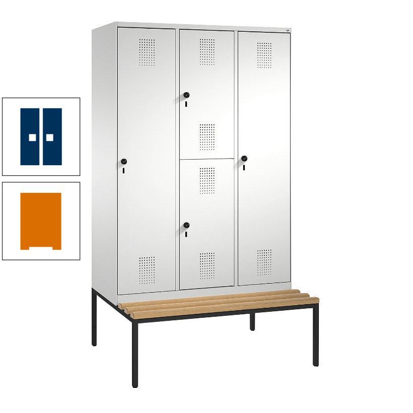 Garderobenschrank, Spind ein- und doppelstöckig Sitzbank, 3 Abteile, 4 Fächer, 2.090x1.200x500 mm (HxBxT), Front anthrazitgrau, Korpus anthrazitgrau