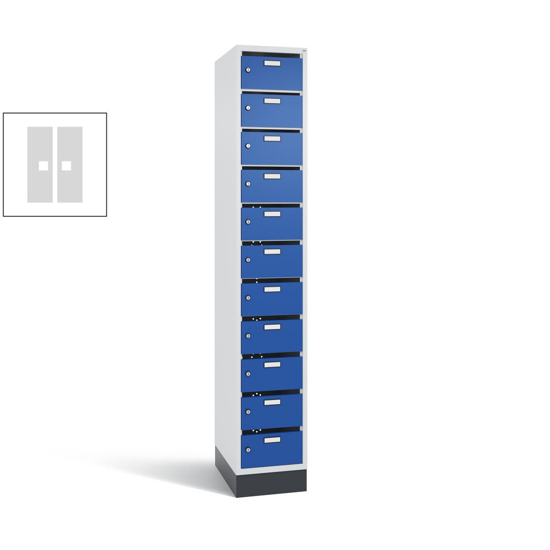 Postverteilerschrank, Schließfachschrank, mit Sockel, 11 Fächer, 1.950 x 320 x 500 mm (HxBxT), Korpus lichtgrau, Tür anthrazitgrau
