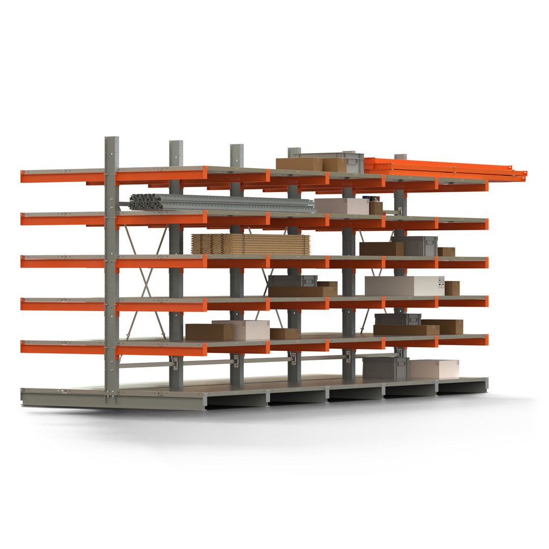 Doppelseitiges Kragarmregal mit Fachböden, 2 Felder, 2.500 x 2.000 (HxB), Nutztiefe 1.000 mm, Kragarmlast 450 kg, KARL basic, silbergrau/reinorange