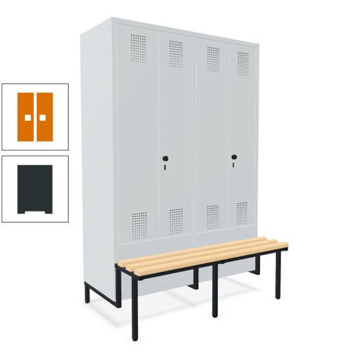 Doppel-Spind, Garderobenschrank, Buche Sitzbank integriert, 4 Abteile 300 mm, Korpus anthrazitgrau, Tür anthrazitgrau, 1.850 x 1.200 x 815 mm (HxBxT)