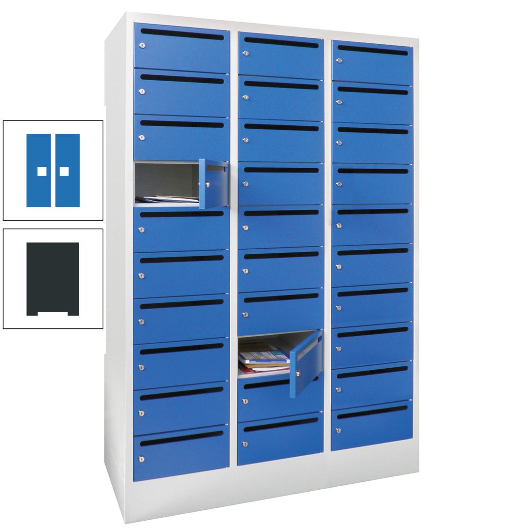 Postverteilerschrank, Schließfachschrank, 3 Abteile a 300 mm, 30 Fächer, 1.850 x 900 x 500 mm (HxBxT), Korpus anthrazitgrau, Front anthrazitgrau