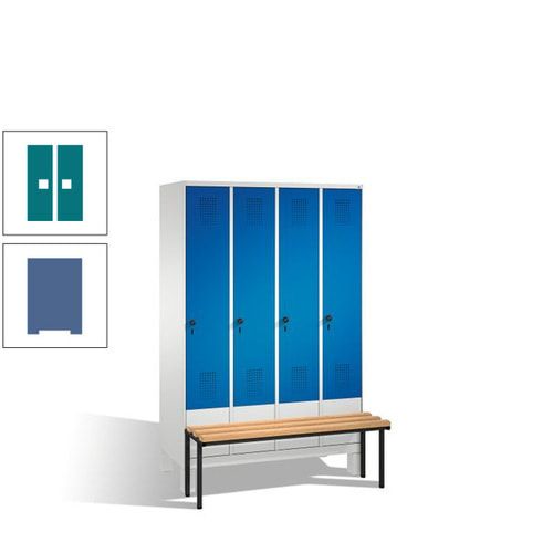 Stahl-Garderobenschrank, Spind, Buche Sitzbank vorgebaut, 4 Abteile a 300 mm, Korpus Lichtgrün, Tür Schwefelgelb, 1.850 x 1.200 x 815 mm (HxBxT)