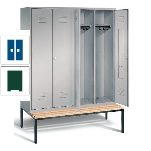 Doppel-Spindschrank, Buche Sitzbank untergebaut, 4 Abteile a 400 mm, Korpus lichtgrau, Tür anthrazitgrau, 2.090 x 1.590 x 815 mm (HxBxT)