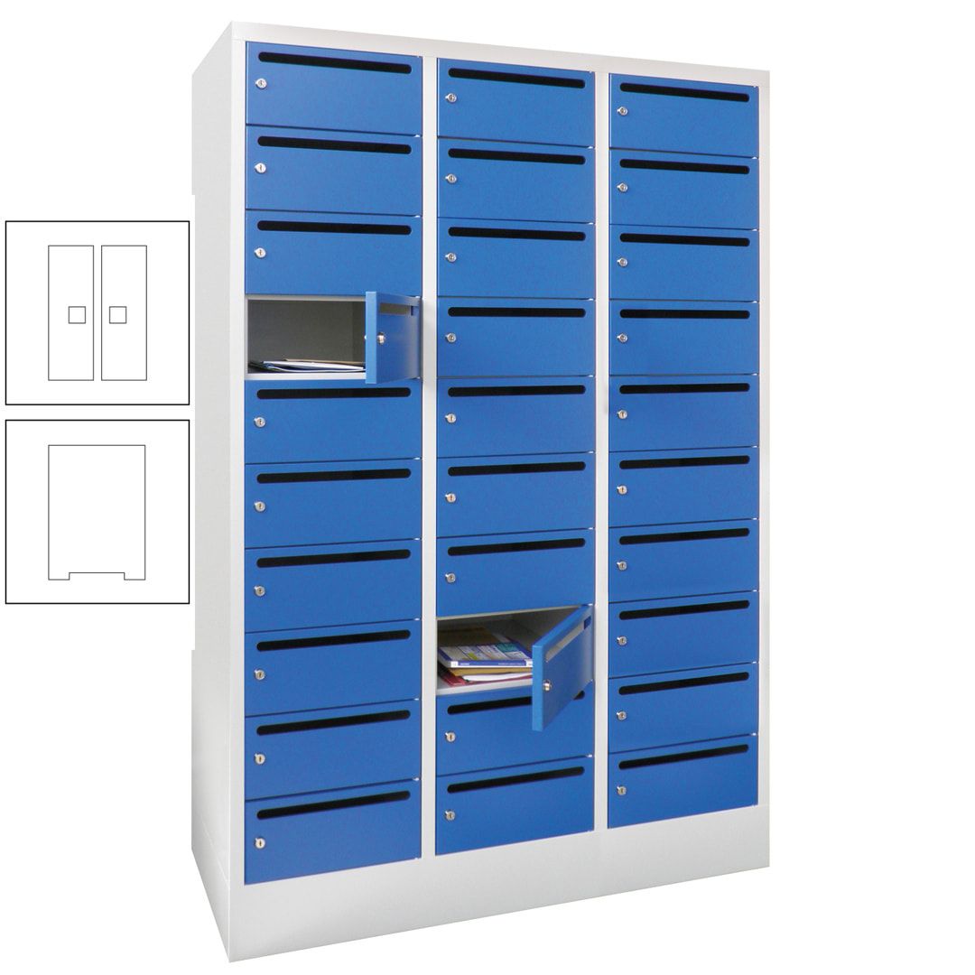 Postverteilerschrank, Schließfachschrank, 3 Abteile a 300 mm, 30 Fächer, 1.850 x 900 x 500 mm (HxBxT), Korpus anthrazitgrau, Front anthrazitgrau