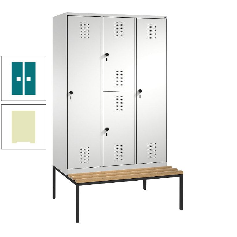 Garderobenschrank, Spind ein- und doppelstöckig Sitzbank, 3 Abteile, 4 Fächer, 2.090x1.200x500 mm (HxBxT), Front anthrazitgrau, Korpus anthrazitgrau