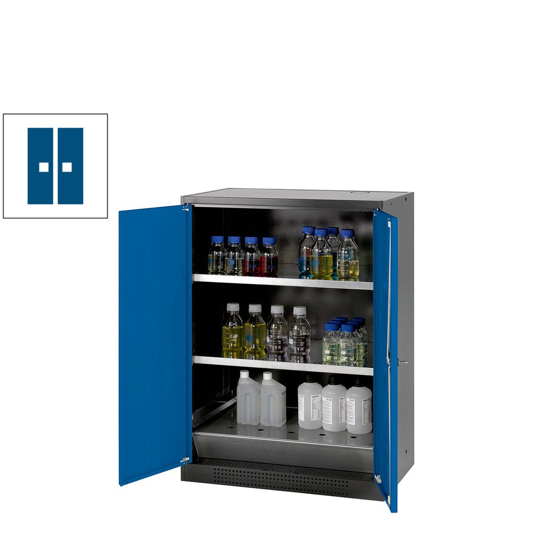 Chemikalienschrank - Flügeltüren - 1.105 x 810 x 520 mm (HxBxT) - 2 Tablarauszüge - anthrazitgrau/enzianblau