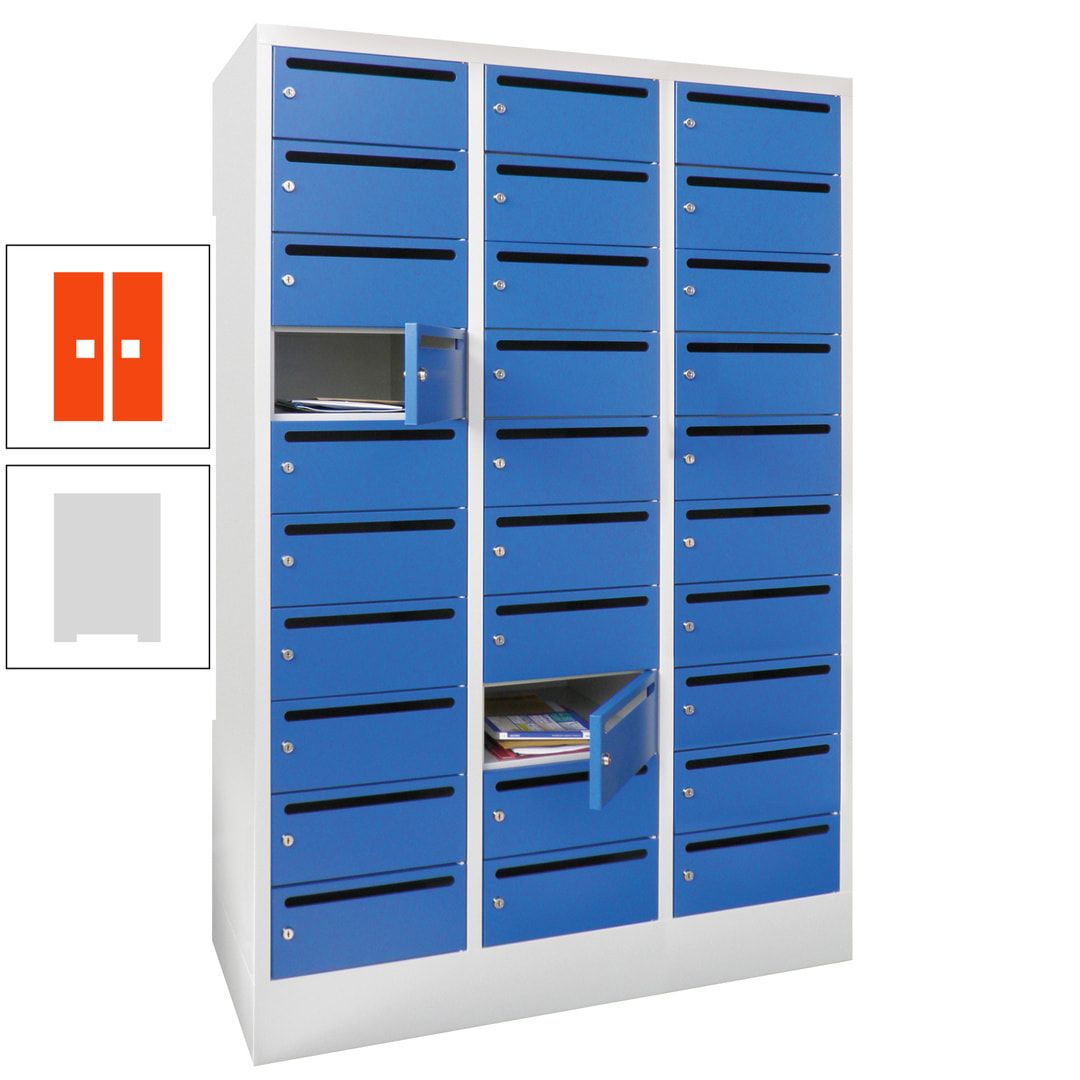 Postverteilerschrank, Schließfachschrank, 3 Abteile a 300 mm, 30 Fächer, 1.850 x 900 x 500 mm (HxBxT), Korpus anthrazitgrau, Front anthrazitgrau