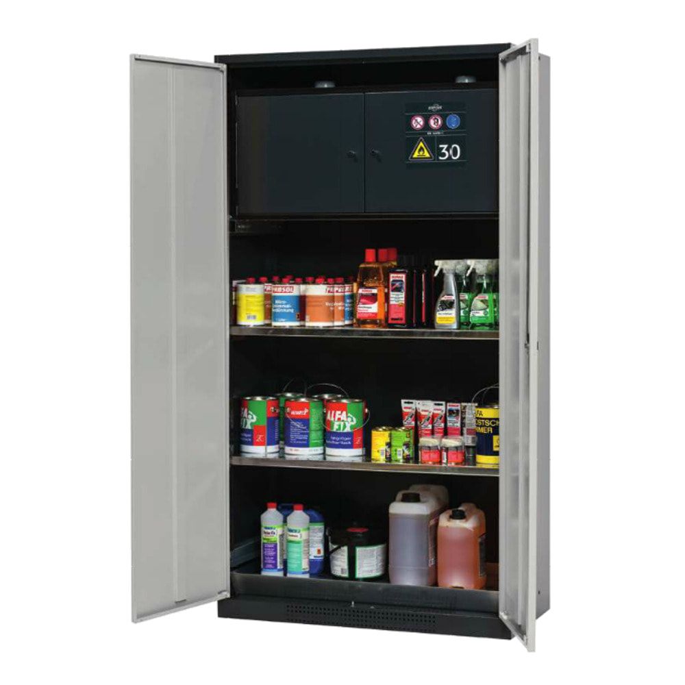 Chemikalienschrank - Sicherheitsbox - Flügeltüren, goldgelb - 2 Fachböden - Lochblecheinsatz - 1.950 x 1.055 x 520 mm - Stahl, pulverbeschichtet