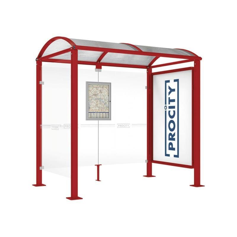 Buswartehalle, Unterstand, 1 Seitenwand, Schaukasten, feuerverzinkt, 2.500 x 2.500 x 1.600 mm (HxBxT), ESG, Fahrplanschaukasten, Farbe enzianblau