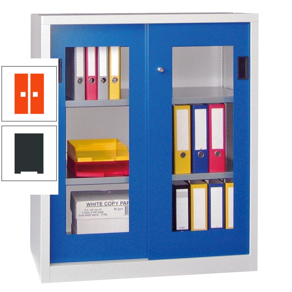 Schiebetürenschrank - Sichtfenstertüren - 1.000x1.000x400 mm (HxBxT) - 2 Böden, gepulvert - Zylinderschloss - anthrazitgrau