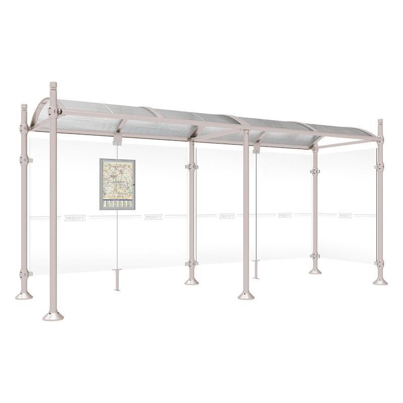 Buswartehalle, Unterstand, 2 Seitenwände, Kopf gebürsteter Edelstahl, ESG, Fahrplanschaukasten, 2.500 x 2.500 x 1.600 mm (HxBxT), Farbe enzianblau