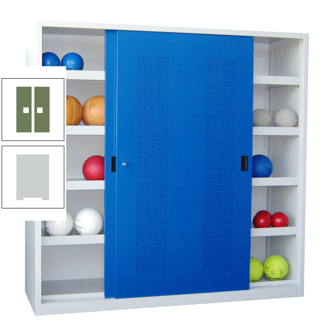 Ballschrank - Schiebetüren mit Lochfeld - Trennwand - 8 Böden - 1.950x2.000x600 mm (HxBxT) - anthrazitgrau
