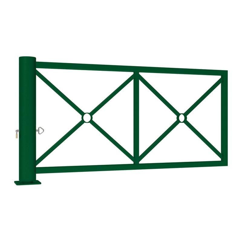 Drehschranke, Schlagbaum, mit Dekoelement, Drehachse, arretierbar, Stahlrohr, 2.010 mm breit, Farbe enzianblau