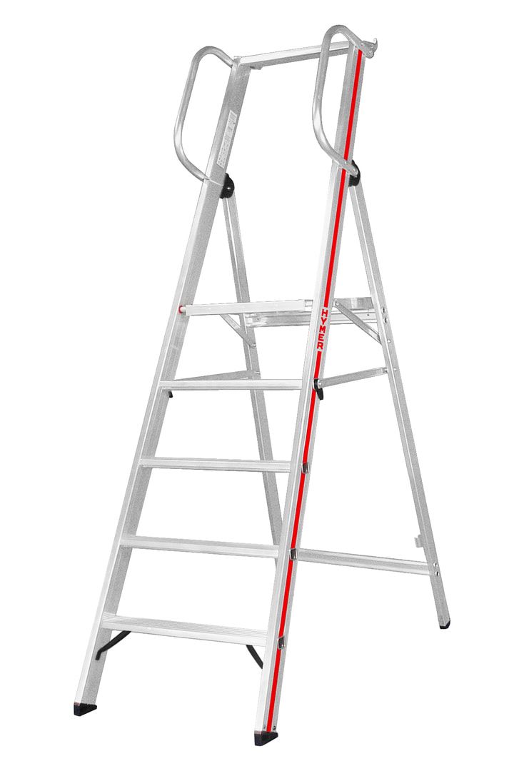 Plattformleiter mit Handlauf - Leiterlänge 1.950 mm - mit Einhängehaken und Ablageschale - Aluleiter - Hymer