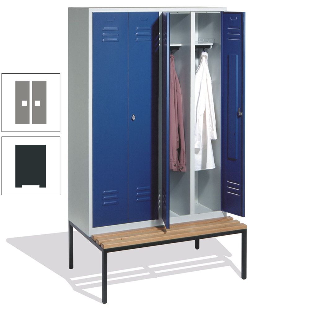 Doppel-Spindschrank, Buche Sitzbank untergebaut, 4 Abteile a 300 mm, Korpus lichtgrau, Tür anthrazitgrau, 2.090 x 1.190 x 815 mm (HxBxT)