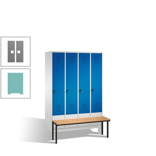 Stahl-Garderobenschrank, Spind, Buche Sitzbank vorgebaut, 4 Abteile a 300 mm, Korpus Lichtgrün, Tür Schwefelgelb, 1.850 x 1.200 x 815 mm (HxBxT)