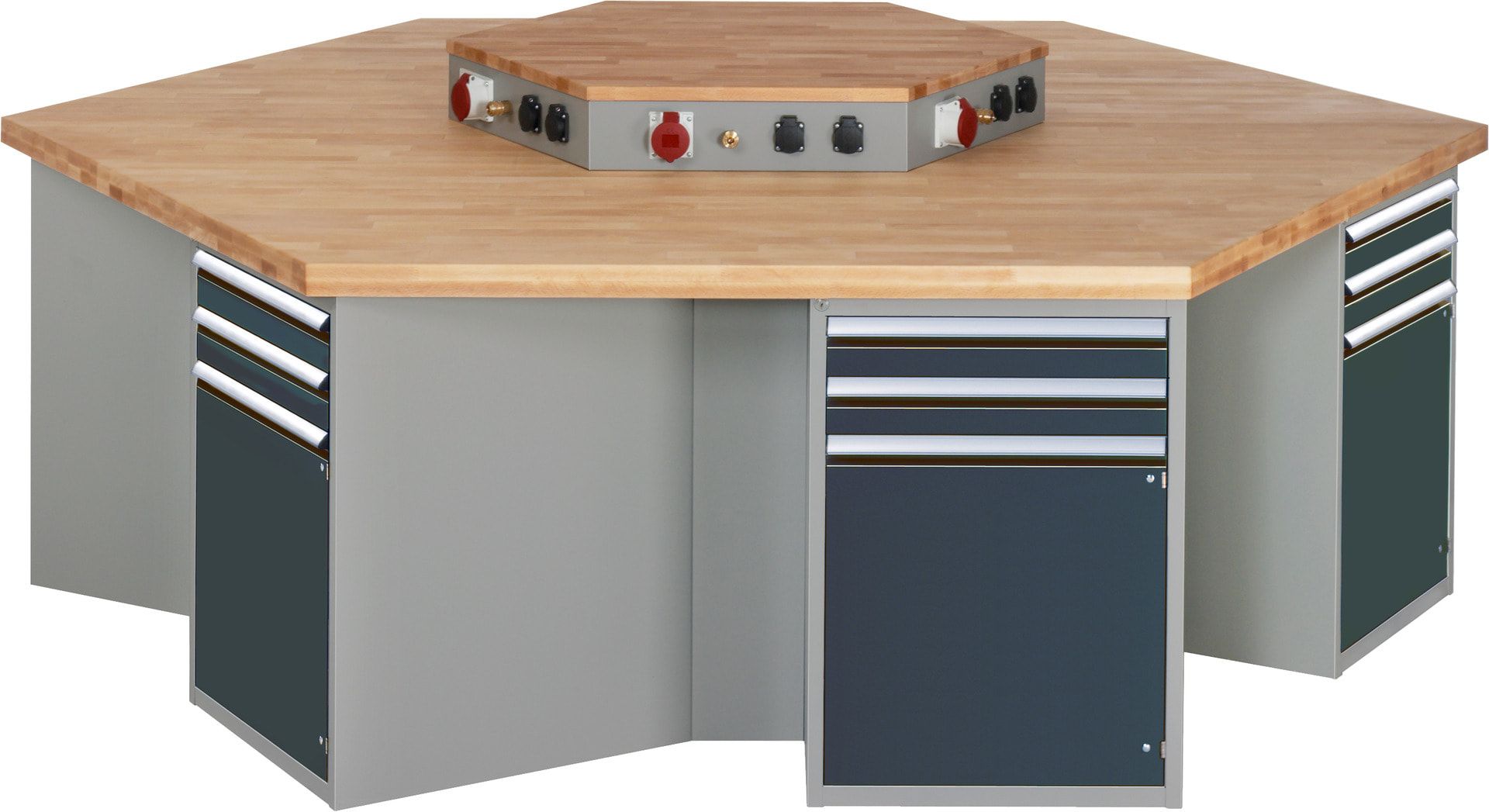 Gruppenwerkbank, Buche, Höhe 840 mm, mit Energieaufsatz, Unterbau-Container, 2 Schubladen, 1 Tür, 1 Boden - Anthrazitgrau