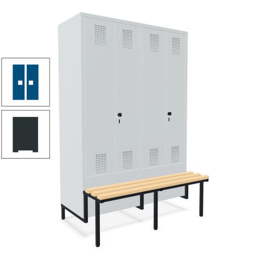 Doppel-Spind, Garderobenschrank, Buche Sitzbank integriert, 4 Abteile 300 mm, Korpus anthrazitgrau, Tür anthrazitgrau, 1.850 x 1.200 x 815 mm (HxBxT)