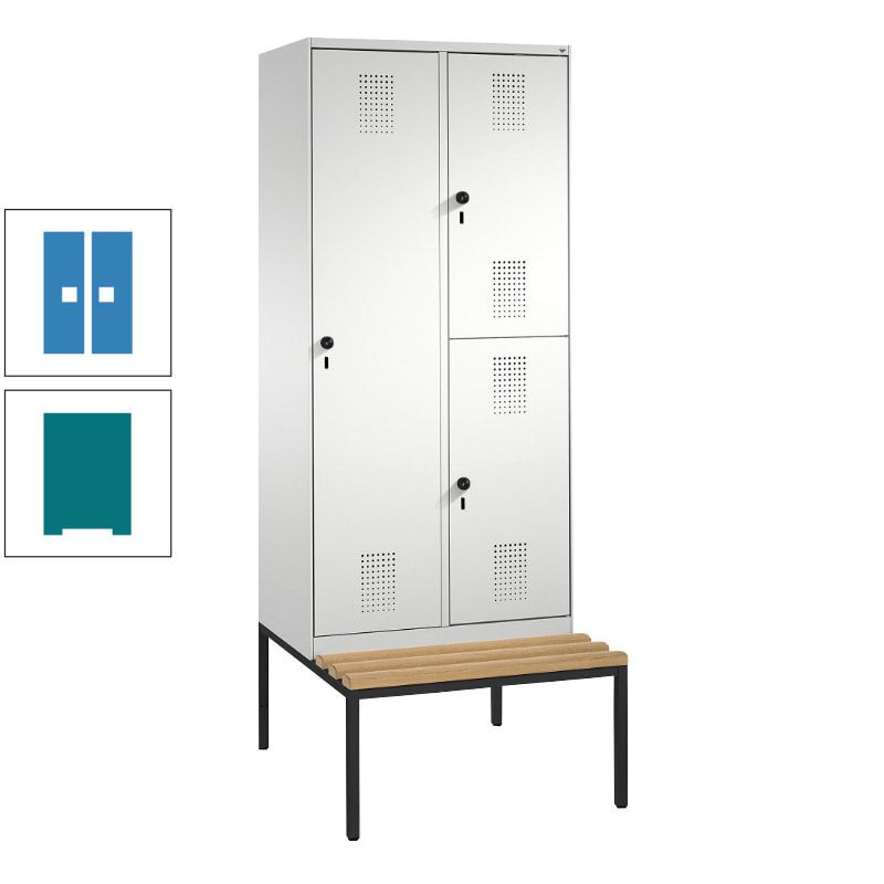 Garderobenschrank, Spind ein- und doppelstöckig Sitzbank, 2 Abteile, 3 Fächer, 2.090 x 800 x 500 mm (HxBxT), Front anthrazitgrau, Korpus anthrazitgrau