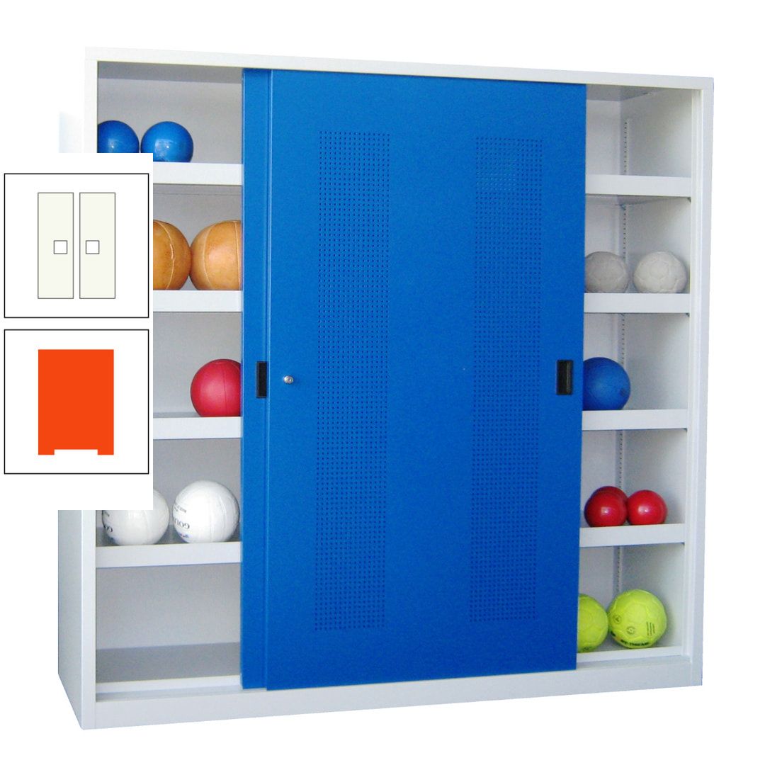 Ballschrank - Schiebetüren mit Lochfeld - Trennwand - 8 Böden - 1.950x2.000x600 mm (HxBxT) - anthrazitgrau
