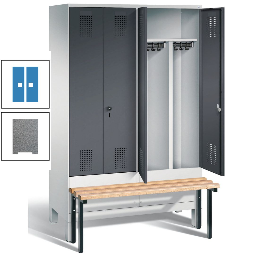Doppel-Spind, Garderobenschrank, Buche Sitzbank vorgebaut, 4 Abteile a 300 mm, Korpus feuerrot, Tür Wasserblau, 1.850 x 1.200 x 815 mm (HxBxT)