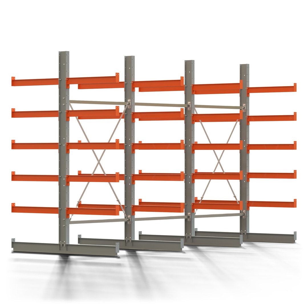 Doppelseitiges Kragarmregal, 2 Felder, 2.500 x 2.560 x 1.120 mm (HxBxT), Nutztiefe 500 mm, Kragarmlast 870 kg, KARL basic, silbergrau/reinorange