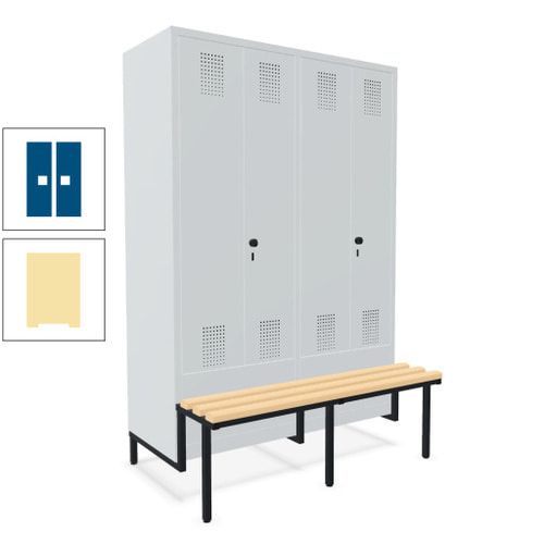 Doppel-Spind, Garderobenschrank, Buche Sitzbank integriert, 4 Abteile 300 mm, Korpus anthrazitgrau, Tür anthrazitgrau, 1.850 x 1.200 x 815 mm (HxBxT)