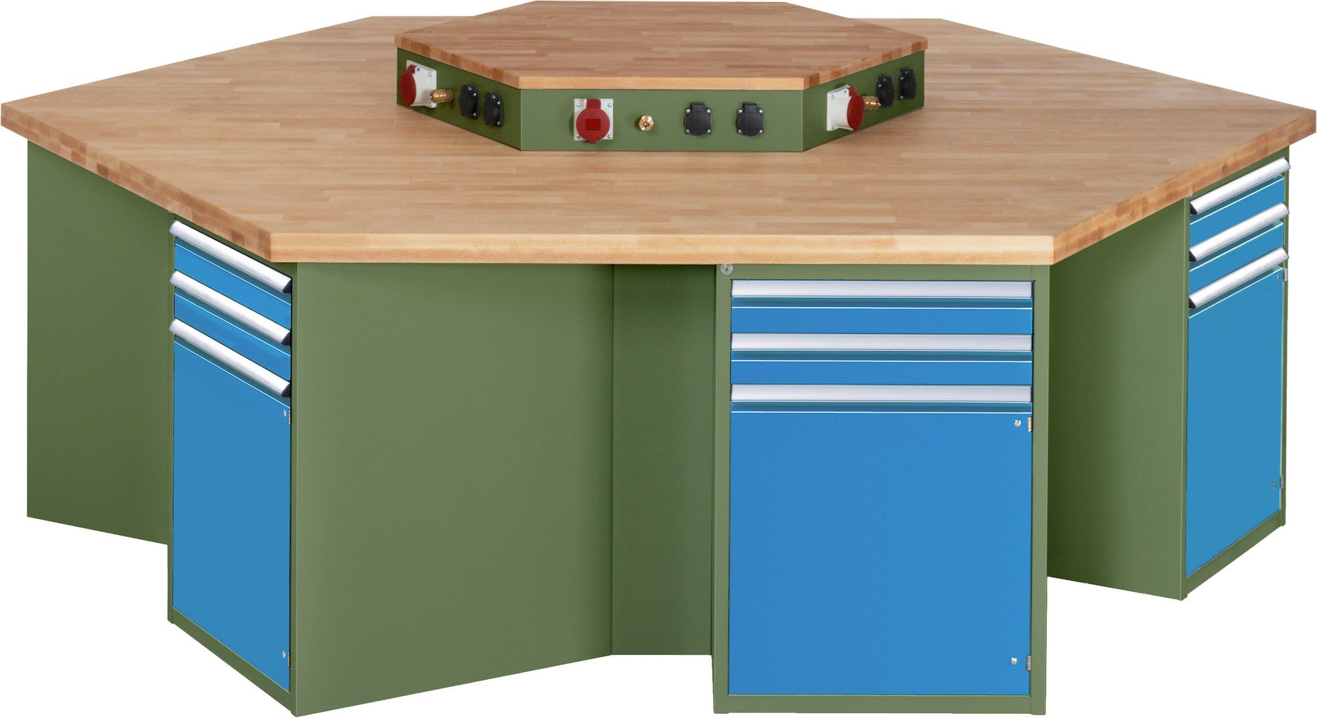 Gruppenwerkbank, Buche, Höhe 840 mm, mit Energieaufsatz, Unterbau-Container, 2 Schubladen, 1 Tür, 1 Boden - Anthrazitgrau