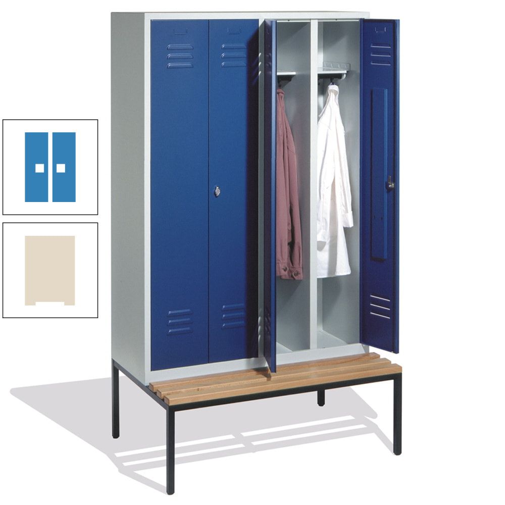 Doppel-Spindschrank, Buche Sitzbank untergebaut, 4 Abteile a 300 mm, Korpus lichtgrau, Tür anthrazitgrau, 2.090 x 1.190 x 815 mm (HxBxT)