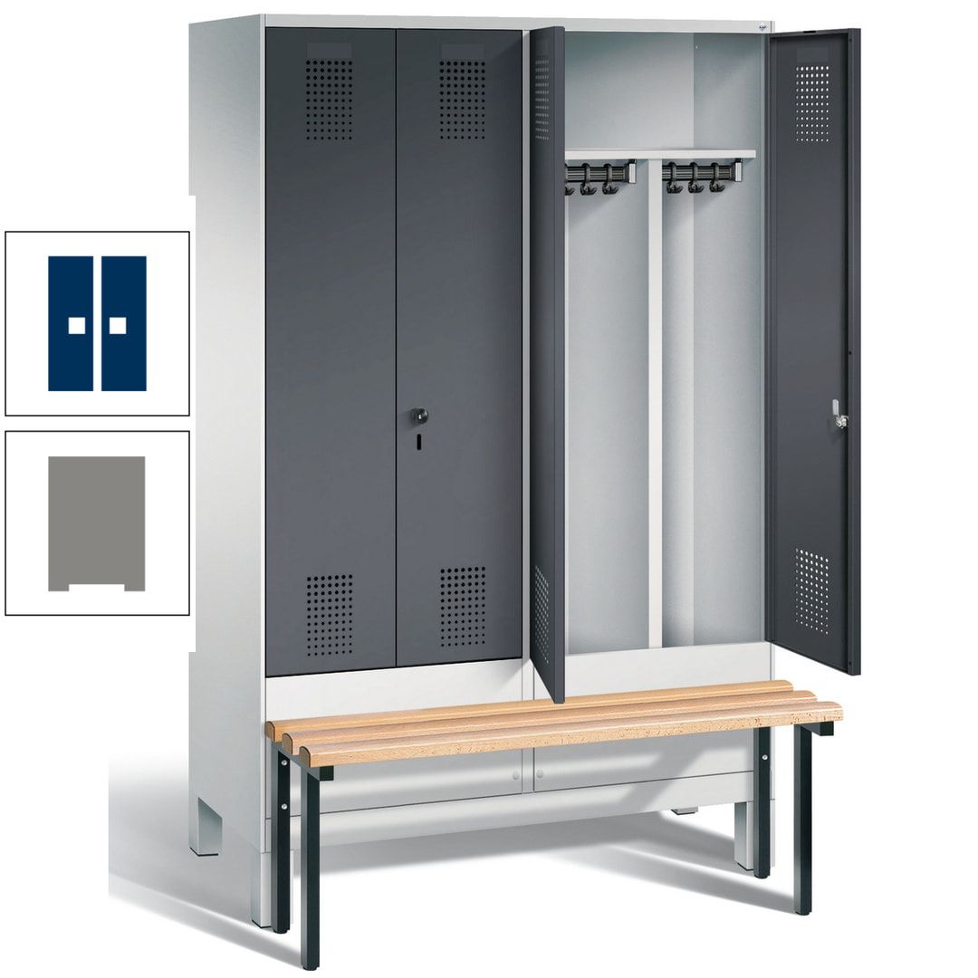 Doppel-Spind, Garderobenschrank, Buche Sitzbank vorgebaut, 4 Abteile a 300 mm, Korpus feuerrot, Tür Wasserblau, 1.850 x 1.200 x 815 mm (HxBxT)