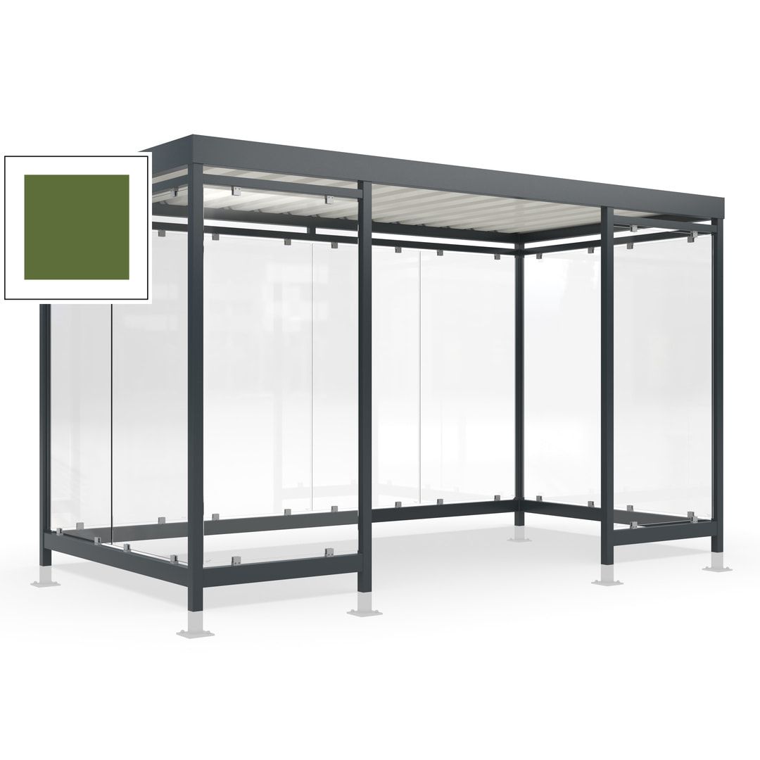 Raucherunterstand für 12-13 Personen, Bushaltestelle, mit Überpflasterung, 2.440 x 4.195 x 2.165 mm (HxBxT), 10 Wände, Achatgrau