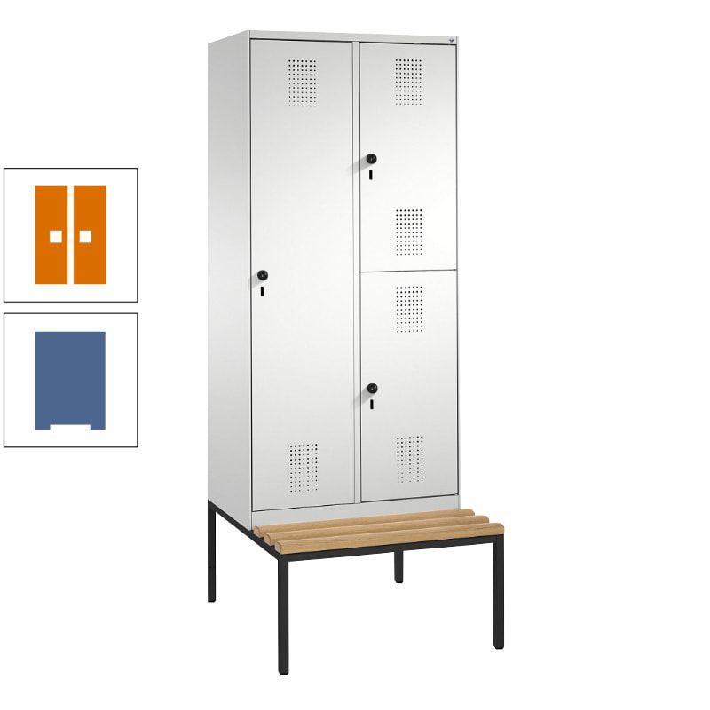 Garderobenschrank, Spind ein- und doppelstöckig Sitzbank, 2 Abteile, 3 Fächer, 2.090 x 800 x 500 mm (HxBxT), Front anthrazitgrau, Korpus anthrazitgrau