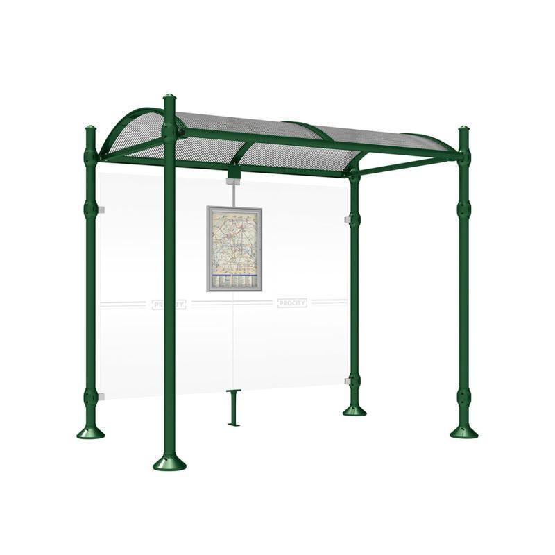 Buswartehalle, Unterstand, 2.500 x 2.500 x 1.600 mm (HxBxT), Kopfmodell Agora, ESG, Fahrplanschaukasten, Farbe enzianblau