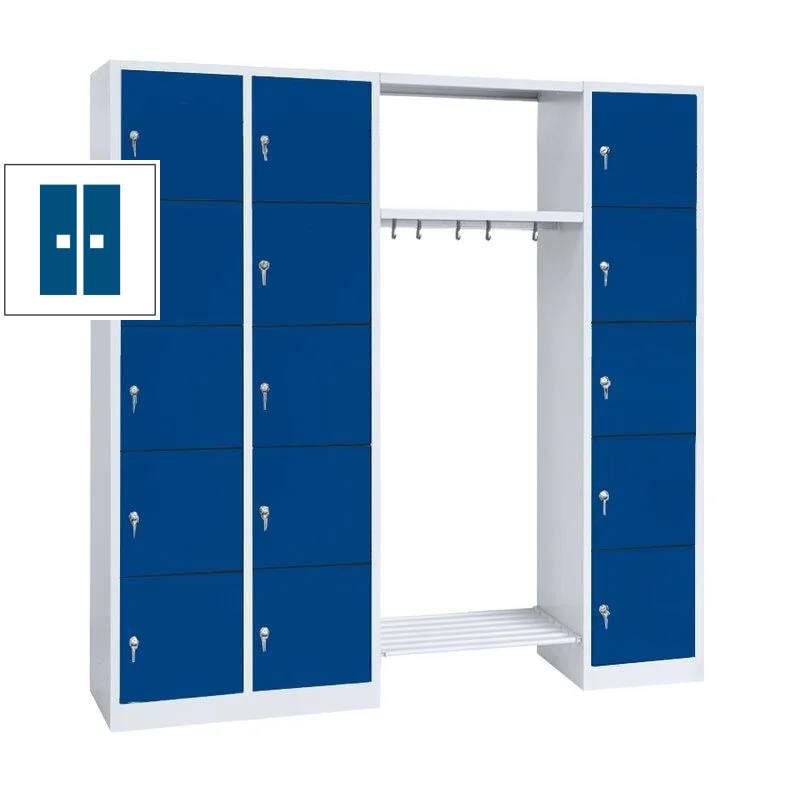 Garderobenschrank, Schließfach-Garderobe, 3 Abteile, 15 Fächer, 1.800 x 1.915 x 500 mm (HxBxT), Abteil 300 mm, Korpus lichtgrau, Front enzianblau