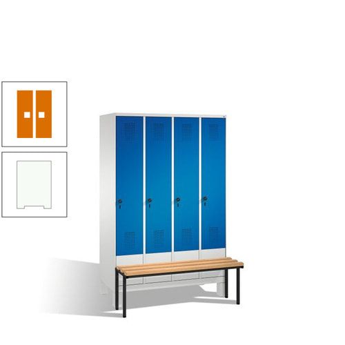Stahl-Garderobenschrank, Spind, Buche Sitzbank vorgebaut, 4 Abteile a 300 mm, Korpus Lichtgrün, Tür Schwefelgelb, 1.850 x 1.200 x 815 mm (HxBxT)