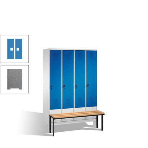 Stahl-Garderobenschrank, Spind, Buche Sitzbank vorgebaut, 4 Abteile a 300 mm, Korpus Lichtgrün, Tür Schwefelgelb, 1.850 x 1.200 x 815 mm (HxBxT)